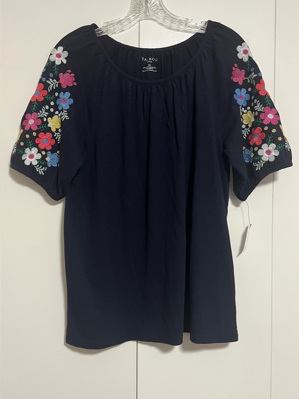 NWT Talbots Petite Women’s Navy Blue Floral Embroidered Sleeve Peasant Top Sz PM